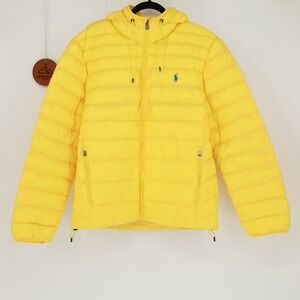 Polo Ralph Lauren Yellow Packable Quilted Puffer Full Zip Hooded Jacket Large